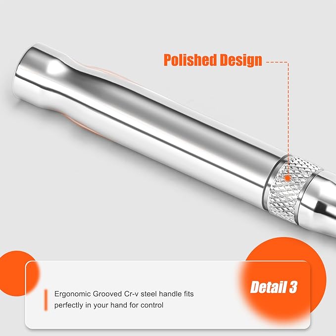3/8'' Drive Breaker Bar, 10 Inches Long Extension Breaker Bar with 180-Degree Cr-V Flex Head and Engraved Non-slip Handle, Polished Finish, Home Use Socket Wrench