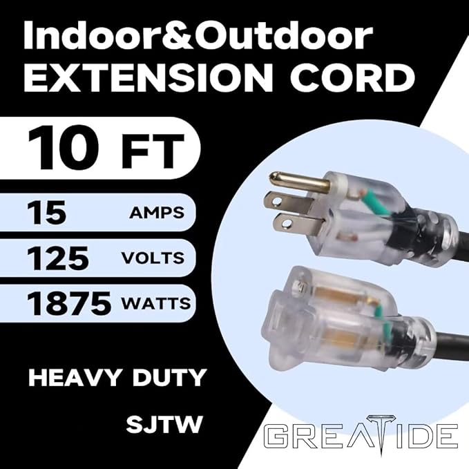 Outdoor Extension Cord with Lighted End, 12 Gauge Heavy Duty 10 FT, 3 Prong Grounded 15 Amp, 12/3 SJTW Waterproof Power Cord for Appliances, UL Listed, Black