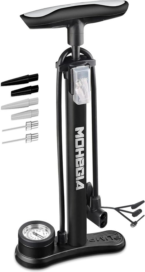 MOHEGIA Bike Floor Pump - High Pressure 160 PSI with Gauge | Fits Schrader & Presta Valves, Includes Ball Pump Needles