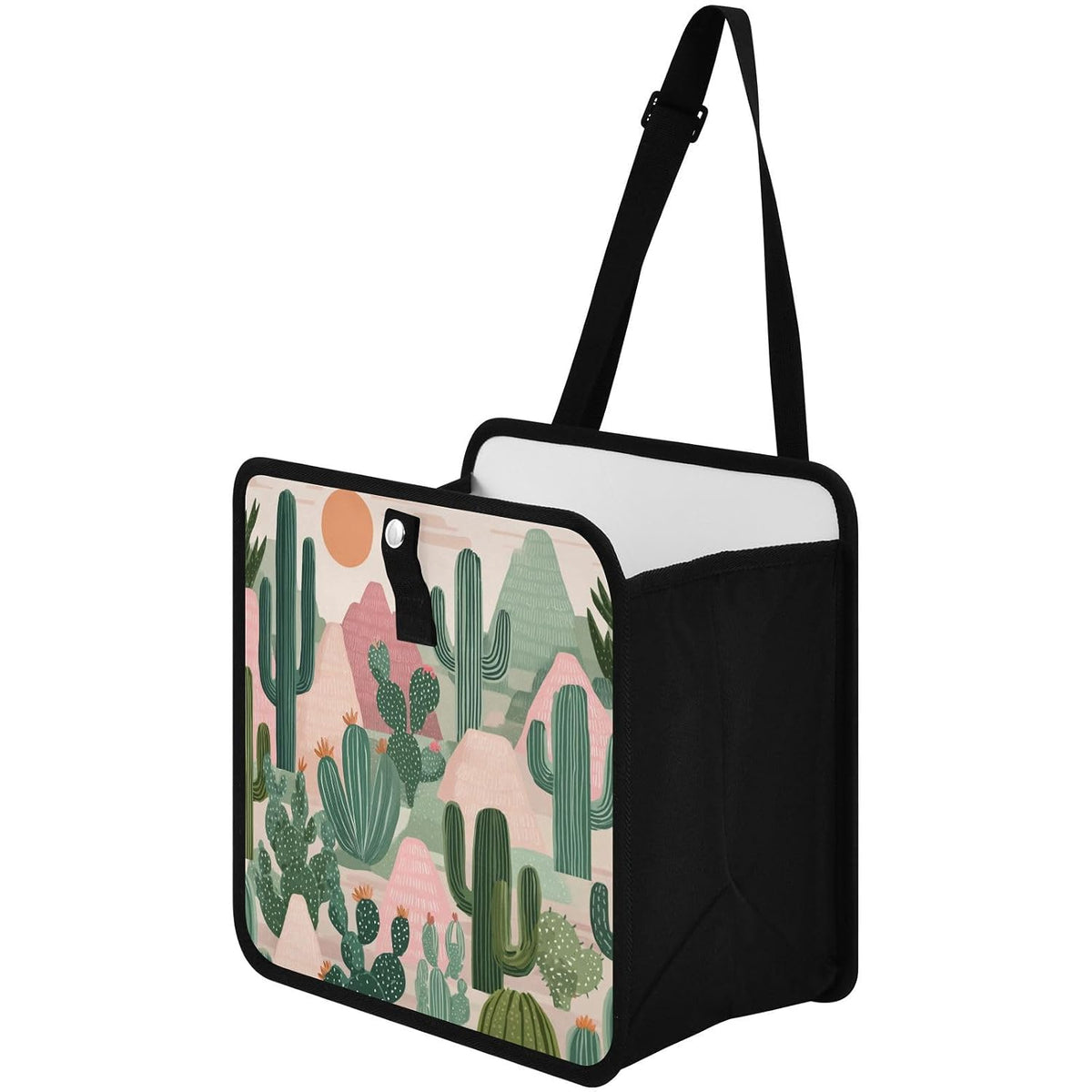 Car Trash Can Organizer Bin with Adjustable Strap for Back Front Seat Console Waterproof Leakproof Collapsible Portable 8.66 Inch Boho Cacti Mountains and Sun