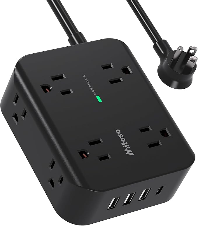 Extension Cord 10 FT, Flat Plug Power Strip Surge Protector with 8 Wide Outlets 4 USB Ports, 3-Side Outlet Extender, Mounted, Overload Protection, for Indoor Home Office, Dorm Room Essentials