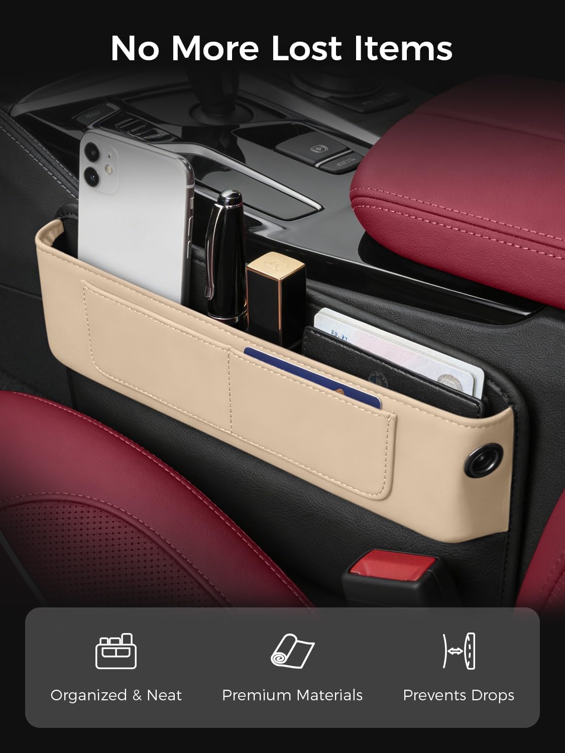 Car Seat Gap Filler Organizer – Phone Holder, Key,Card,Coin Slot, Premium Nappa Style Microfiber Leather (Beige)