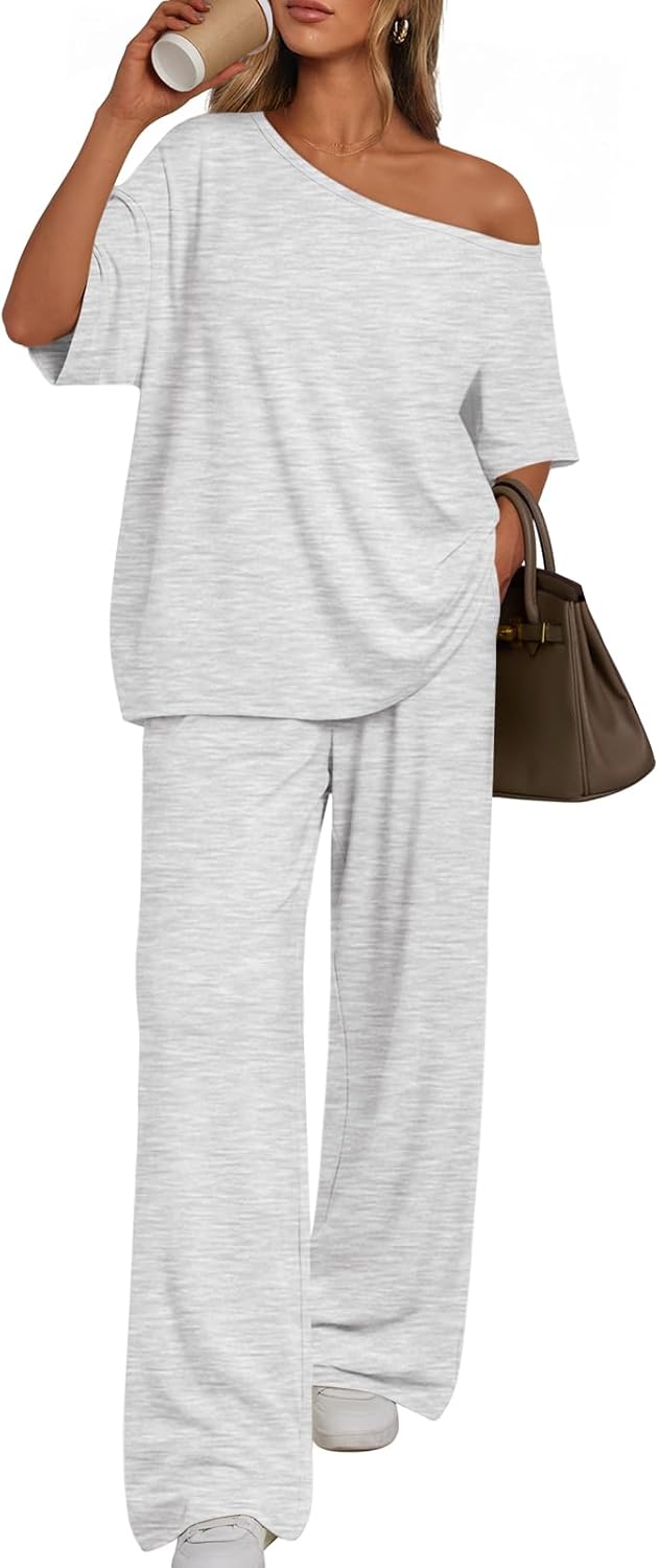 Trendy Queen Women's 2-Piece Lounge Set - Off-Shoulder Oversized T-Shirt & Wide Leg Pants | Casual Travel Outfit