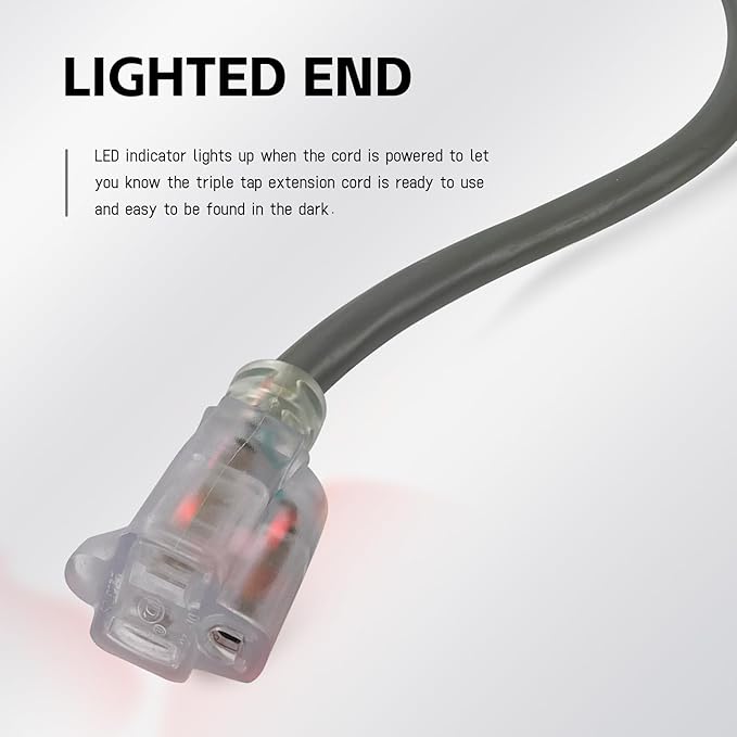 EP 12 Ft Lighted Outdoor Extension Cord - 12/3 SJTW Heavy Duty Grey Extension Cable with 3 Prong Grounded Plug - Power Cord for Lawn, Garden, Appliances