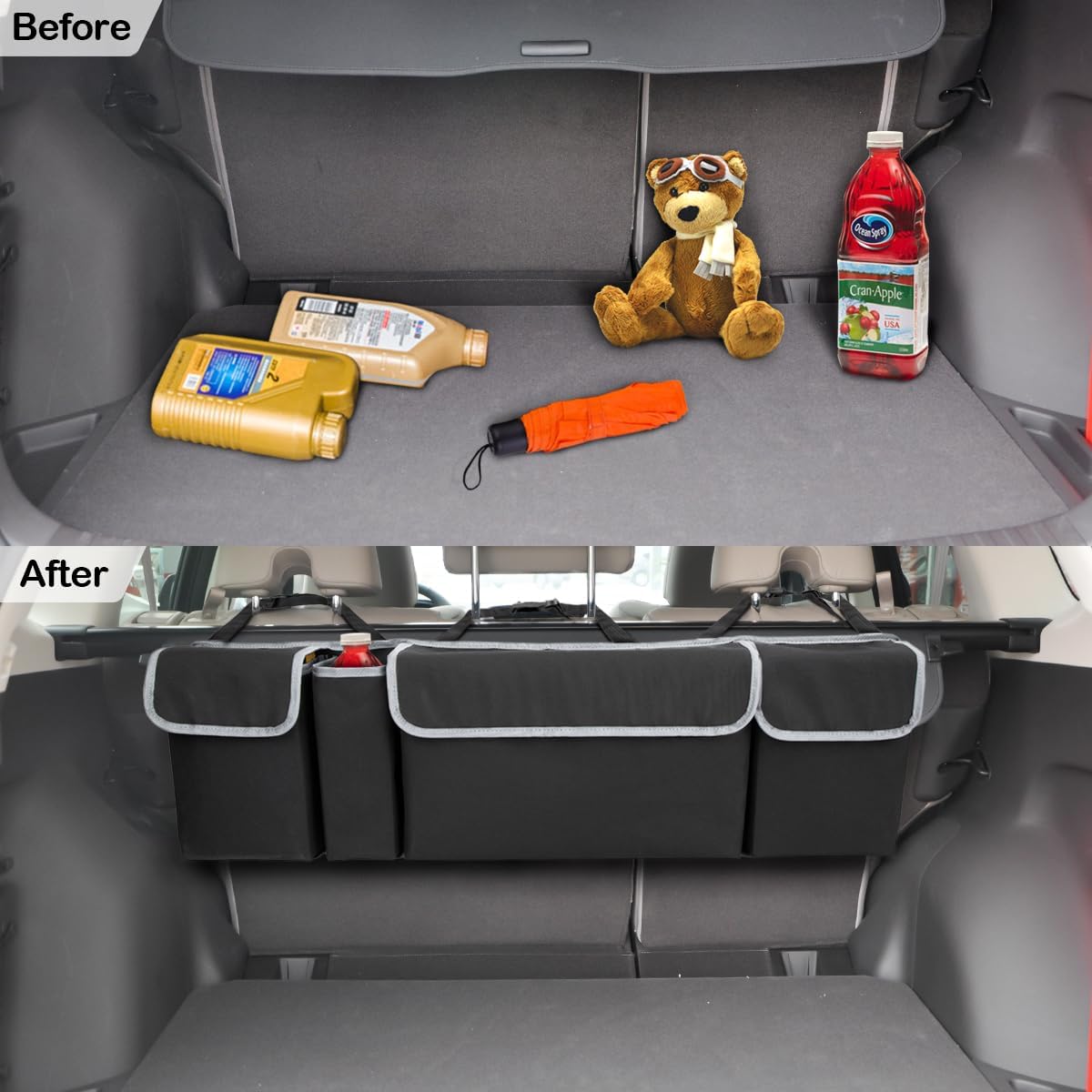Osilly Car Trunk Organizer with Lid, Backseat Hanging Storage Bag with 4 Pockets & 3 Adjustable Straps, Waterproof PVC Collapsible Cargo Bag, Car Interior Accessories for Auto SUV MPV