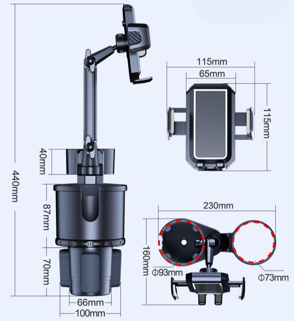 4 Styles Multifunctional Options Automatic Car Cup Holder/Tray/Phone Holder Expander,Adjustable Arms & Extendable Base Insert,360°rotation， Compatible with Phones and Most Bottles (phone-double cup)