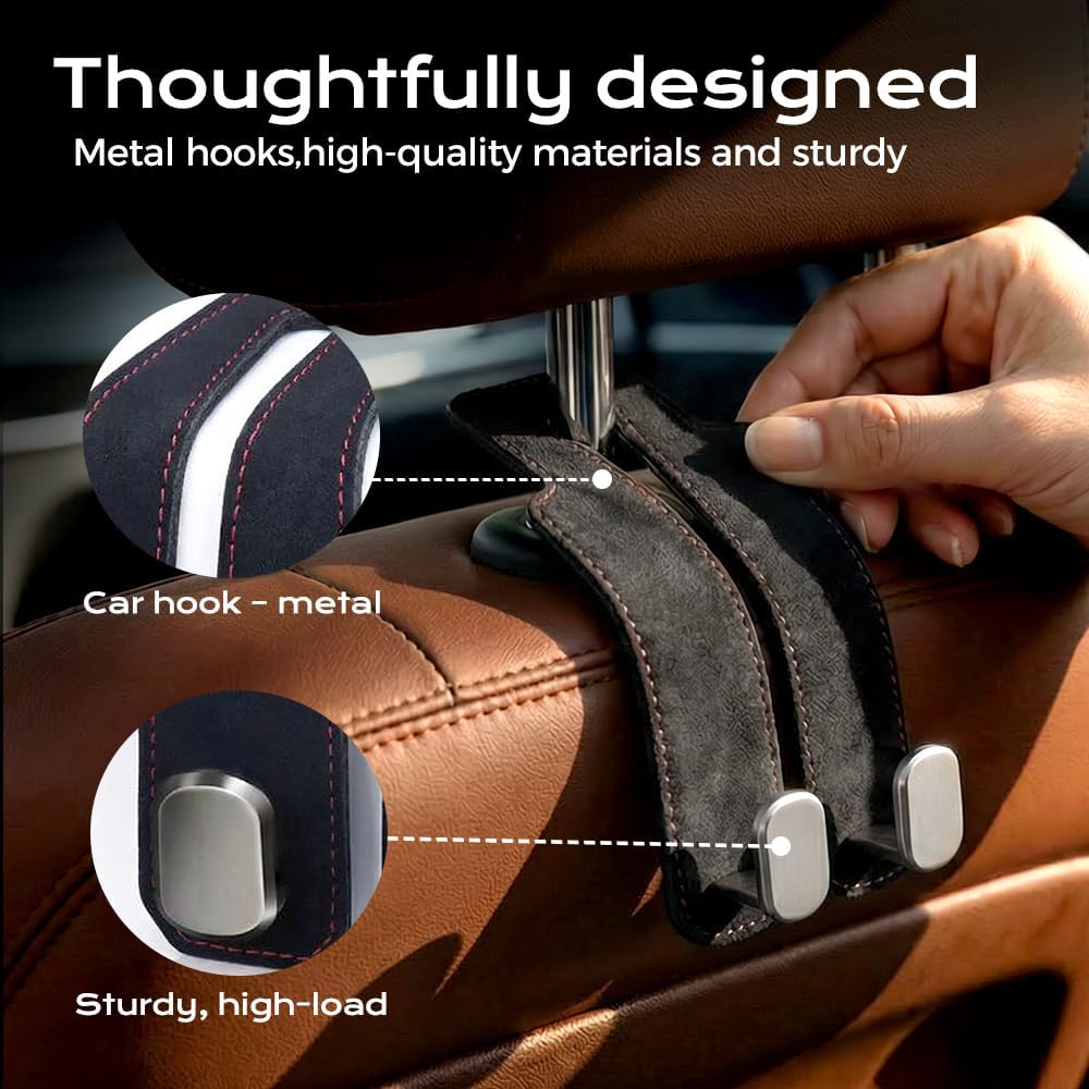 Fauppt Headrest Hooks for Car Car Seat Hooks for Headrest,2026 Hooks for Purses and Bags Cute Car Purse Holder,Twinhook Leather Car Headrest Hangers Seat Back Organizers for Travel (Black*4)