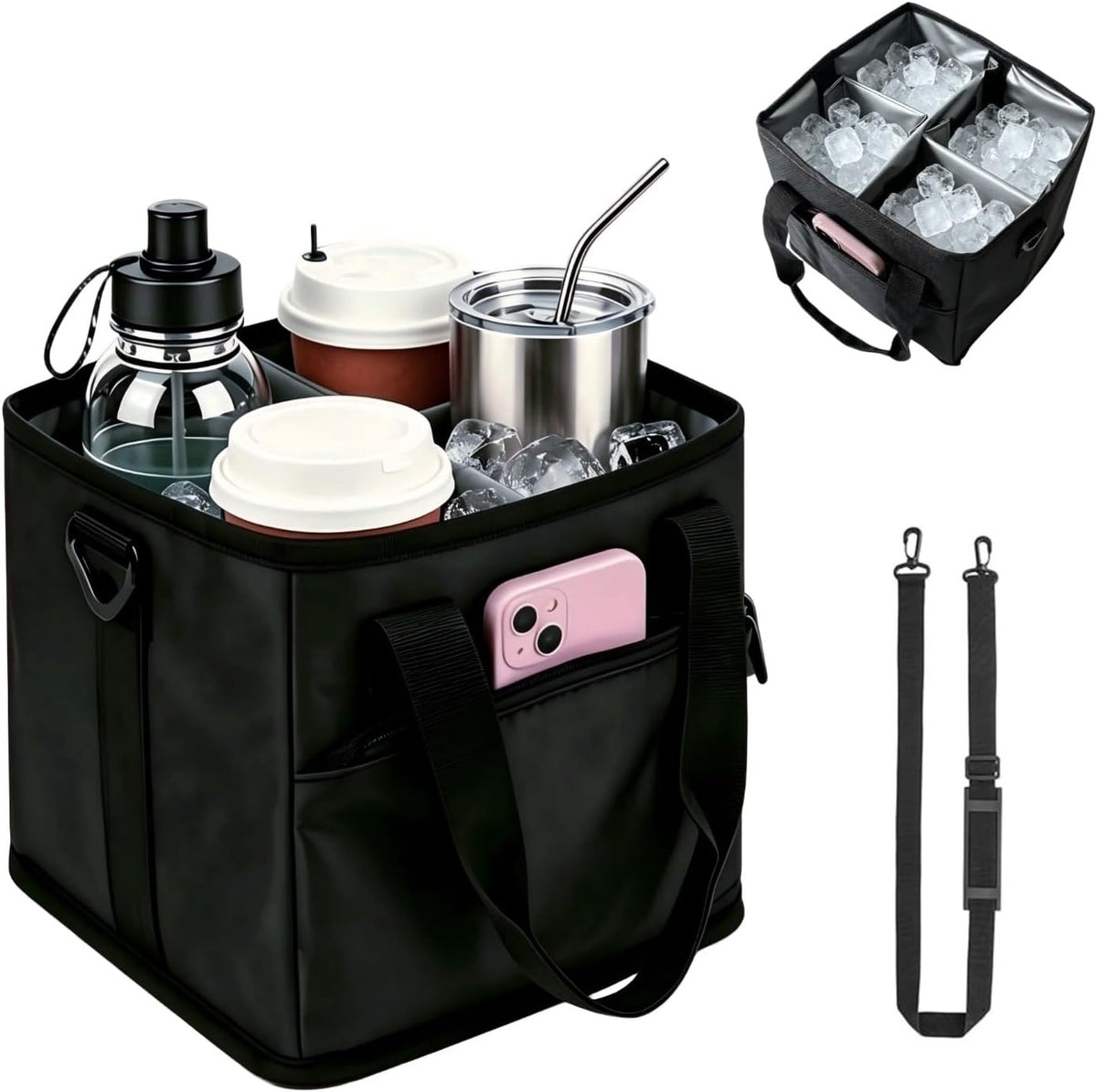 4 Cup Drink Carrier with Insulated Design - Collapsible Beverage Caddy with Adjustable Dividers & Shoulder Strap - Reusable Coffee Holder Tote Bag for Delivery, Travel & Car - No-Spill Drink Holder