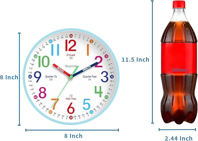 Roymnie Wall Clock 8 Inch for Kids Learning to Tell Time Easily Non Ticking