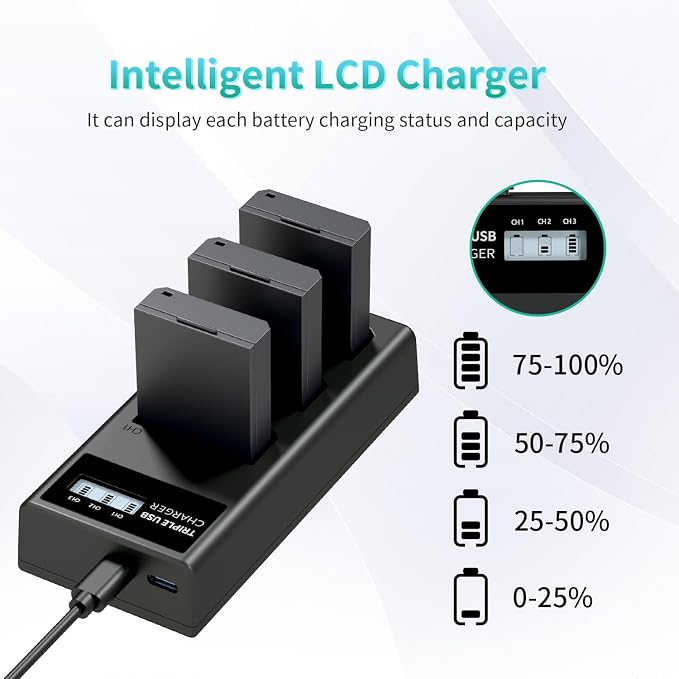 LP LP-E10 Battery Charger Pack, Triple Slot Charger, USB Battery Charger