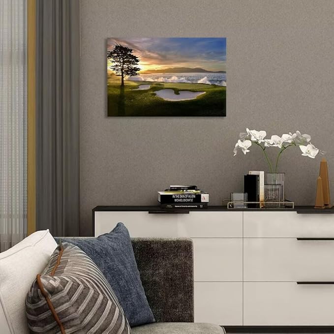 chenchenArt Pebble Beach Golf Course Wall Art Pictures Golf Course Poster Canvas Prints Golf Artwork Wall Decor for Living Room Bedroom Bathroom Home Decorations Framed Ready to Hang(12''H x 16''W)