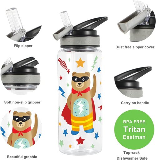 Home Tune 23oz Kids Water Bottle - BPA Free, Leak Proof Flip Straw, Easy Clean, Carry Handle | Flash Bear
