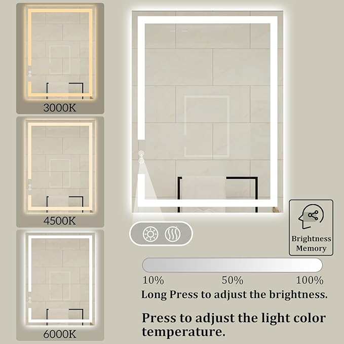 36 X 28 Inch LED Bathroom Vanity Mirror, 3 Colors Light Dimmable, Wall Mounted Memory Lighted Makeup Mirror with Anti-Fog Touch Switch (Front-lit&Backlit)