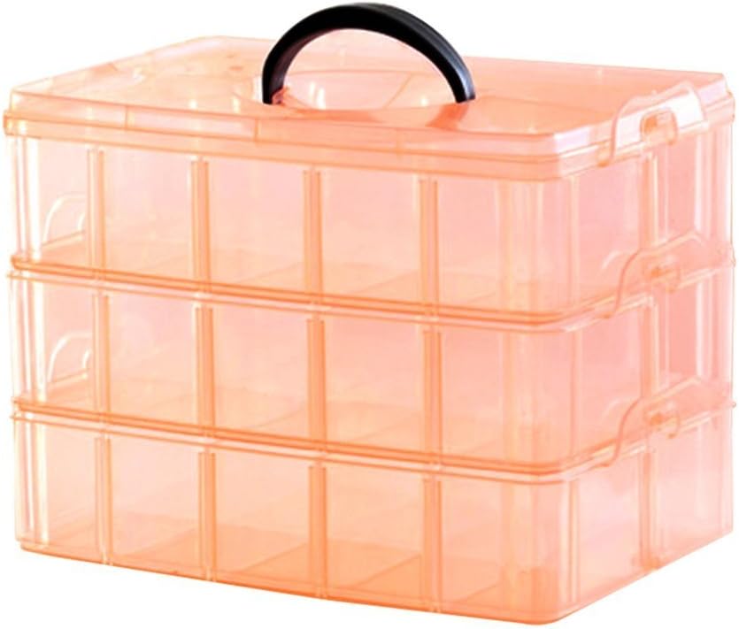 Kamay's 3-Tier 18 Sections Transparent Stackable Adjustable Compartment Slot Plastic Craft Storage Box Organizer for Toy Desktop Jewelry Accessory Drawer Or Kitchen 4 Colors 3 Sizes(Medium Pink)