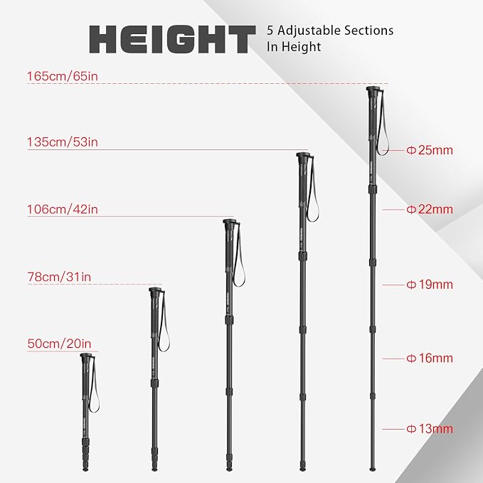 TONYBOO 65” Aluminum Camera Monopod, Lightweight & Portable, 5-Section Travel