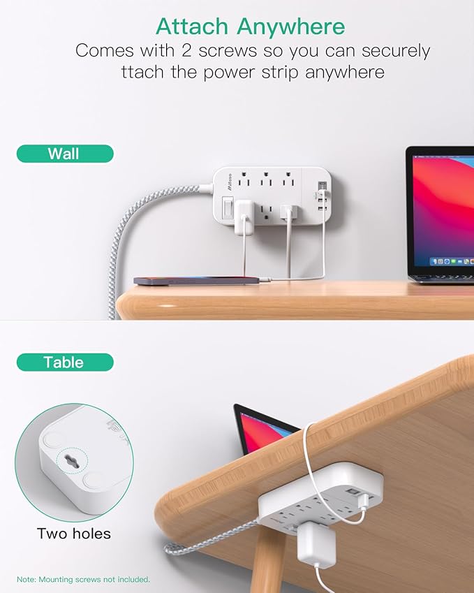 Power Strip - 15 FT Long Flat Plug Extension Cord, 6 Outlets 4 USB Ports（2 USB C, Outlet Extender with Overload Protection, Wall Mount, Desktop Charging Station for Office and Dorm Essential