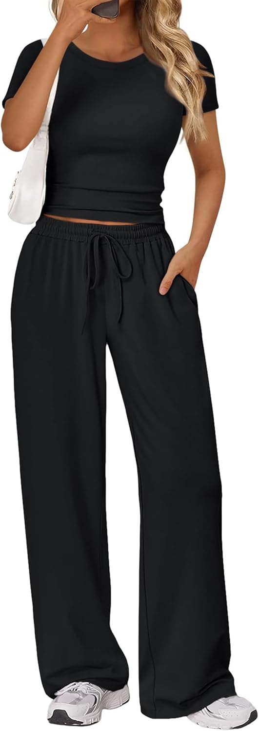 Skiennix 2-Piece Lounge Set for Women - Trendy Slim Short Sleeve Top & Wide Leg Pants - Summer Outfit