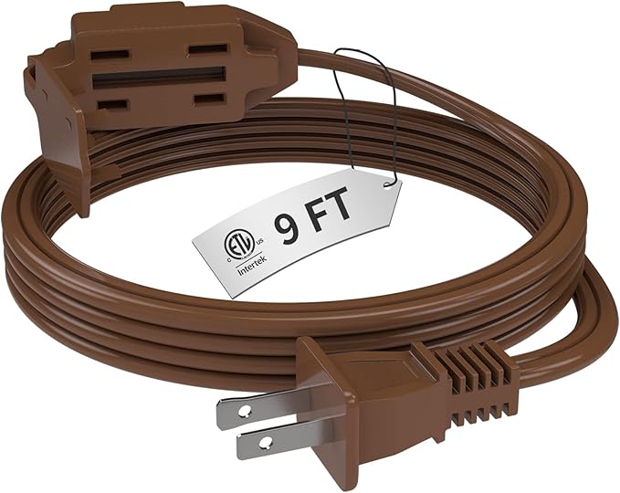 PLUGTUL Indoor Brown Extension Cord 9 Feet, 3-Outlet Household Extension Cord, 2 Prong, 16Gauge, 3 Polarized Outlets with Safety Cap Protect for Home Office, 16/2 SPT-2 ETL Listed