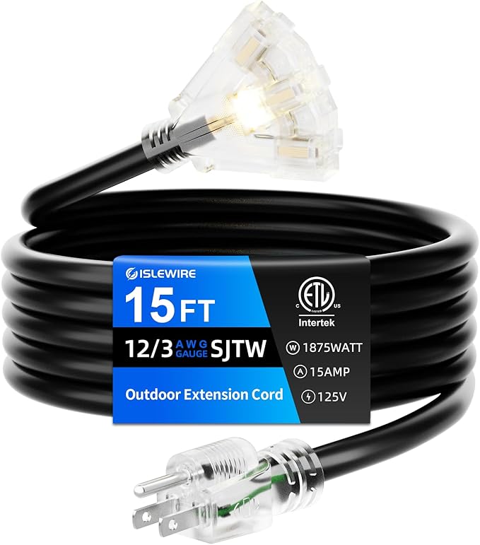 15 FT Outdoor Extension Cord with Multiple Outlets, 12 Gauge Heavy Duty Black Extension Cord Waterproof with 3 Outlet, 3 Prong Power Cord for Garden and Home Use Indicator Light, ETL Listed