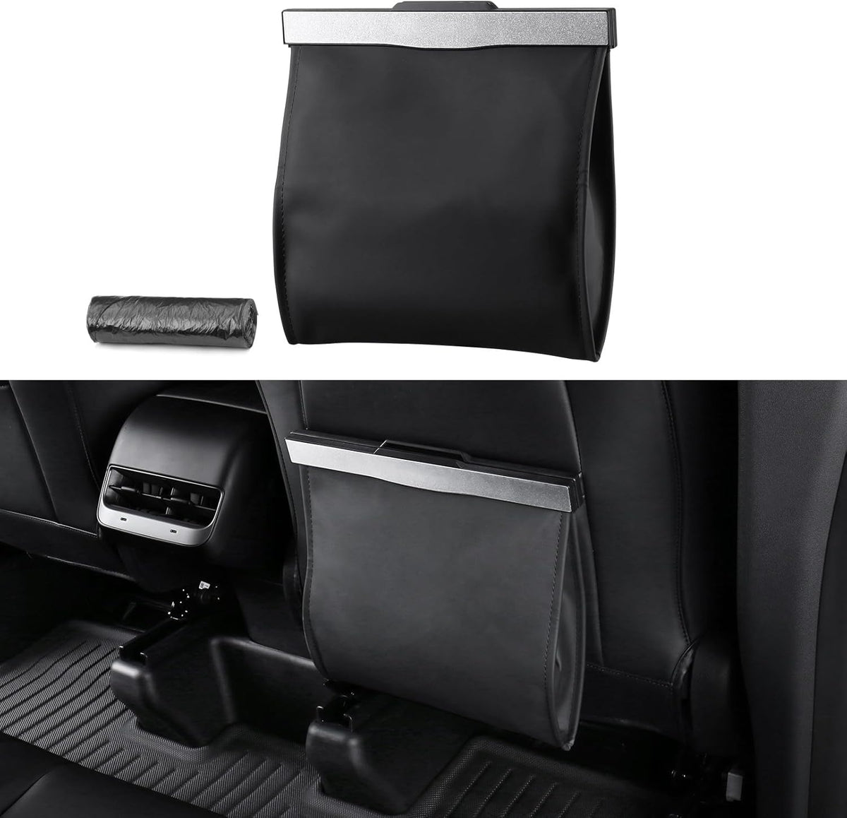 Leather Car Trash Can with LED Light & Lid for Tesla Model 3/Y/S/X – Hanging Seat Back Waste Bin, Waterproof, Black