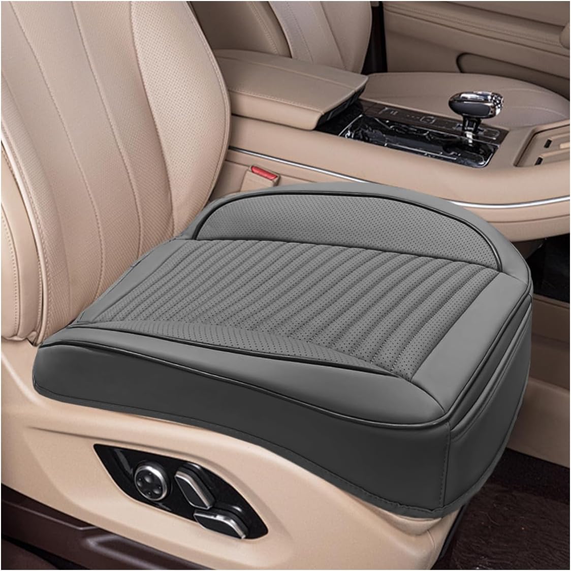 Car Front Bottom Seat Cover, Leather Anti-Slip Seat Cushion Pad with Storage Pocket, Breathable Full Wrapping Edge Seat Protector, Universal Auto Interior Accessories for Cars SUV Truck(Gray)