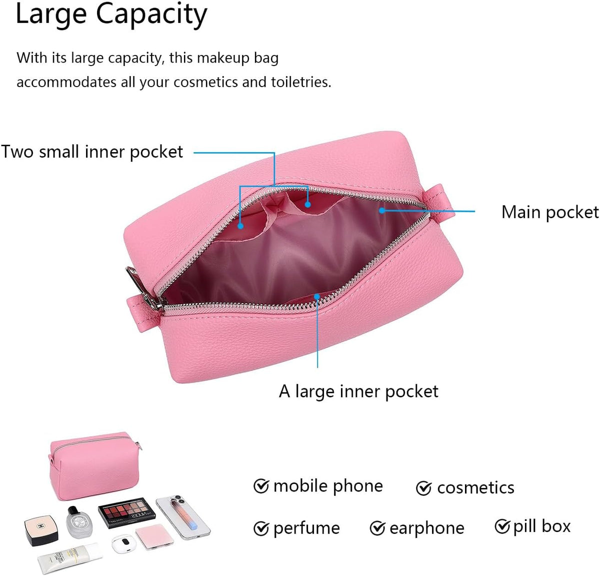 Travel Makeup Bag, Ring Clasp Wristlet Organizer (Azalea Pink)