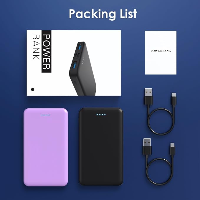 [2 Pack] Portable Charger Power Bank 10000mAh,Ultra Slim Compact External Battery Pack with USB C Input & Dual USB Outputs Backup Charger Compatible with iPhone 14,13, Samsung S20,Tablet-Black+Purple