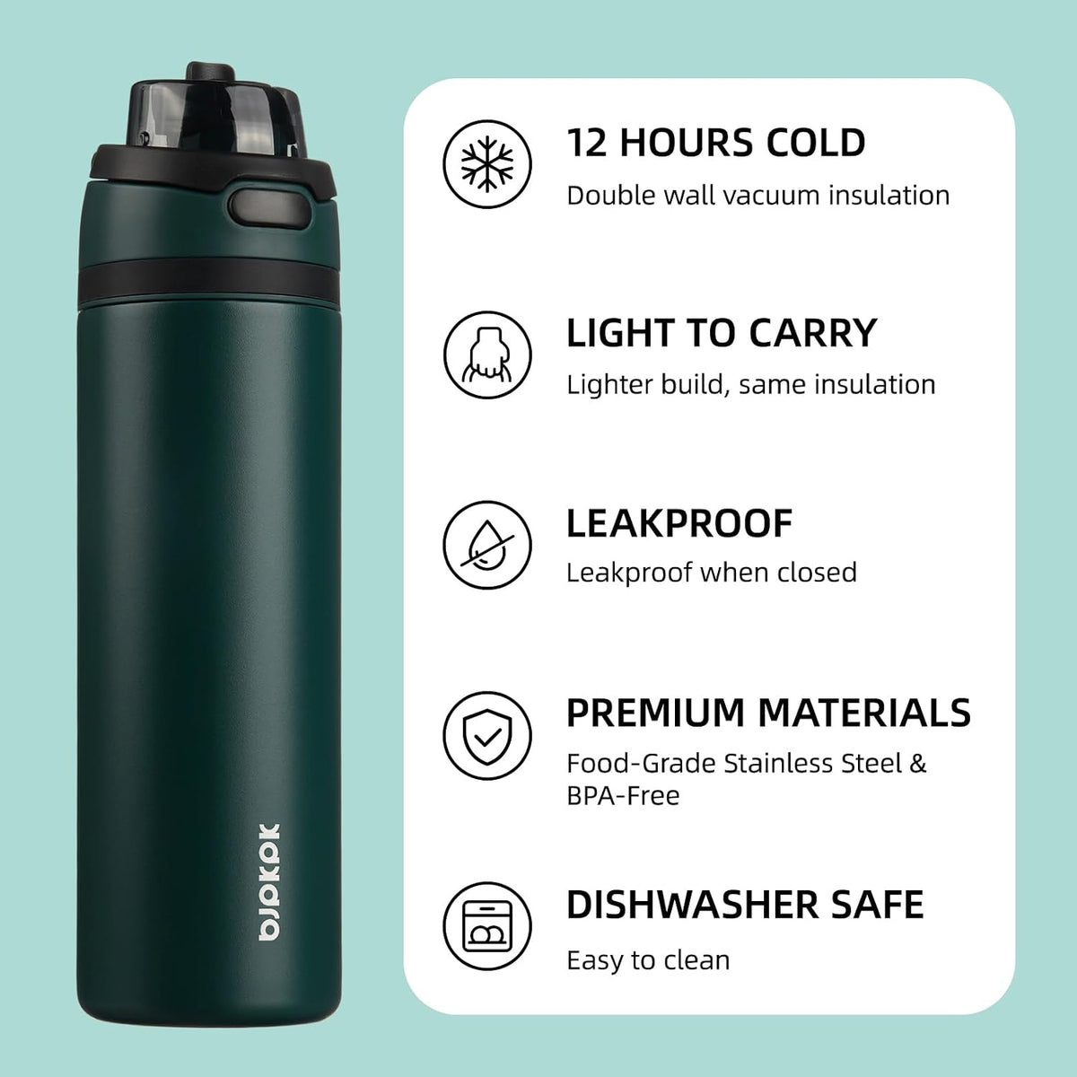 BJPKPK 25oz Insulated Water Bottle with 2-1 Straw Spout Lid, Stainless Steel Metal Water Bottles with Carry Handle, BPA Free, Leak-Proof, Fits in Car Cup Holder, Thermo for Sports,Army Green