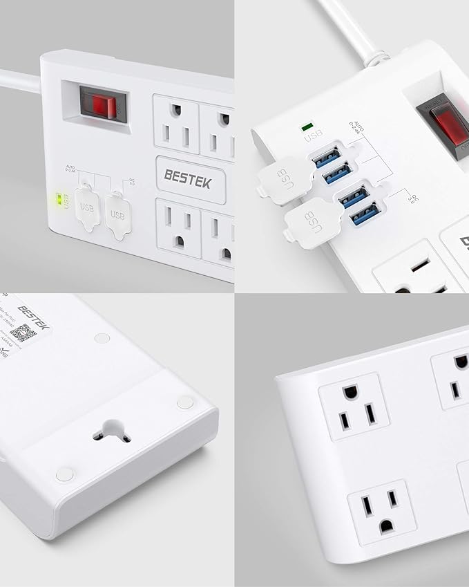 Quick Charge 3.0 Power Strip Surge Protector USB, BESTEK Multi Outlets Plug 8-Outlet 4 USB Charging Ports, 6-Foot Long Flat Angle Plug Heavy Duty Extension Cords, 900 Joule, FCC ETL Listed