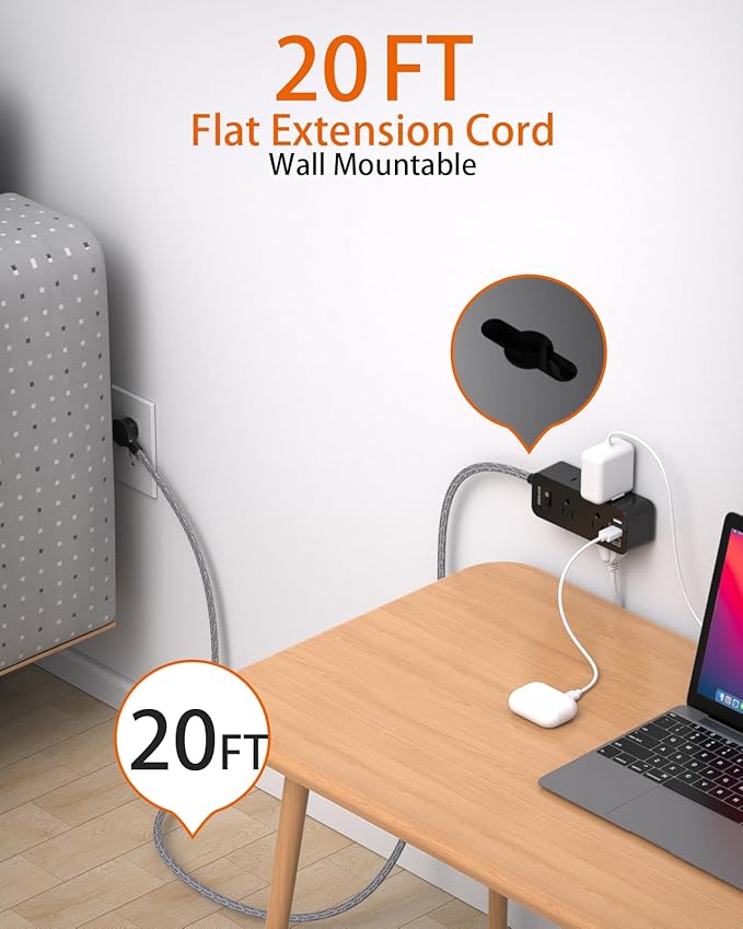 Extension Cord 20FT, BESHON Power Strip Surge Protector, 6 Outlets with 3 USB Ports(1 USB C Outlet), 3-Side Outlet Extender, Wall Mount, Compact for Travel, Home, College Dorm Room, and Office, Black