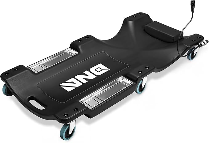 DNA Motoring 40 Inch Low Profile Plastic Rolling Garage Shop Floor Creeper with LED Light, Padded Headrest, Dual Tool Trays, Casters, Black, TOOLS-00389-BK