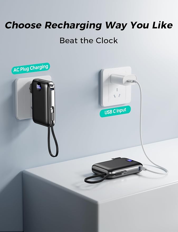 Portable Charger with Built-in Cables & Wall Plug, 10000mAh Power Bank, 4 Outputs 22.5W USB C Fast Charging, Slim Travel Battery Pack with LED Display for iPhone 17/16/15/14, Black