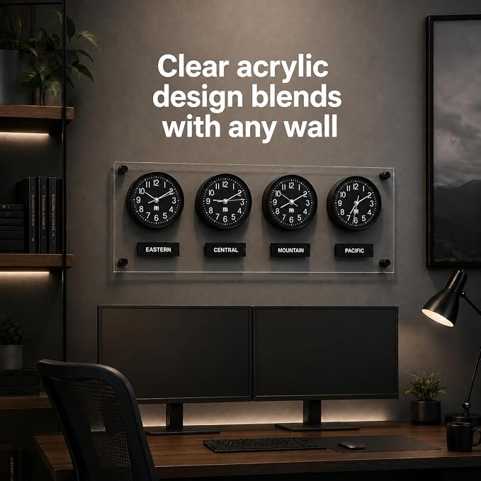 BBHORAIRE Black Time Zone Wall Clock, Silent Quartz Analog World Clock