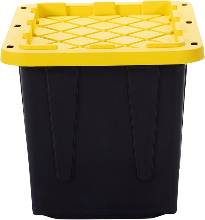 Plastic 23-Gallon Storage Tote with Lockable Lid, Stackable Tough Regular-Duty Bin for Garage, Tools, and Home Organization (2-Pack) - Black and Yellow