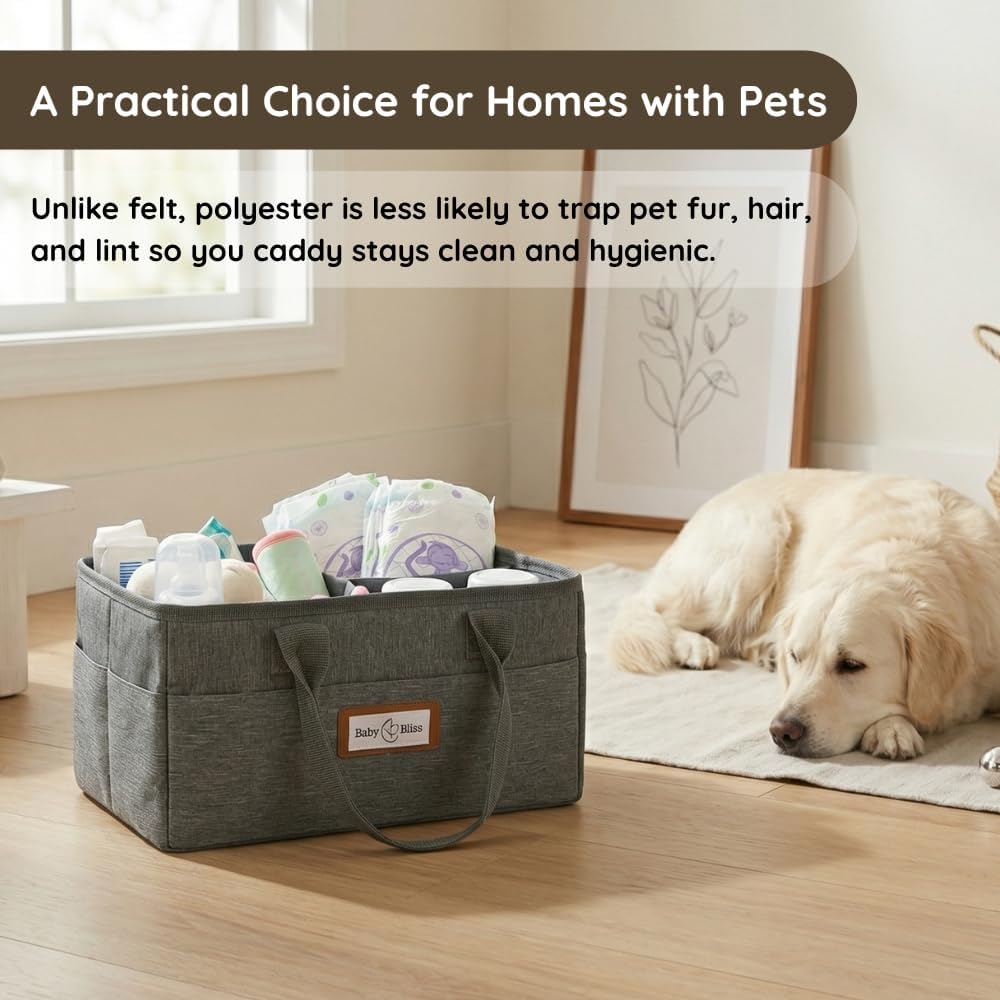 BabyBliss Polyester Diaper Caddy Organizer - Portable Wipe-Clean Nursery Storage Basket with Pockets and Dividers for Diapers, Wipes and Baby Essentials - For Nursery, Living Room and Car