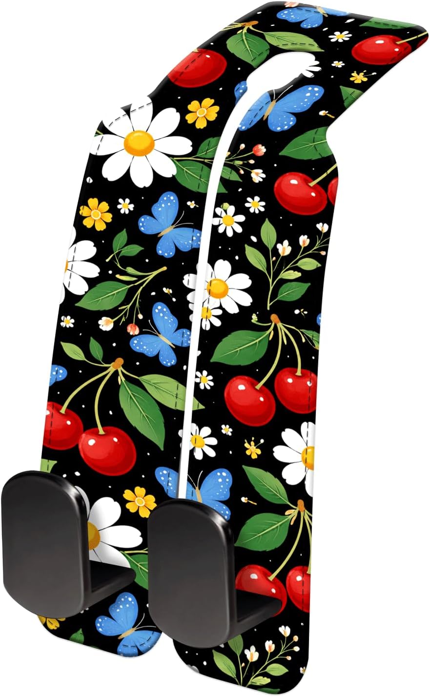 AHGSKJDG Car Seat Headrest Hook, PU Leather Car Purse Hook, Heavy Duty Double Metal Seat Back Storage Hook for Purses Handbags Bags, Car Organizer Accessories Cute Cherry Flower