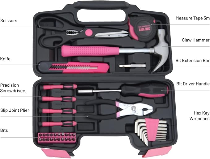39-Piece Household Tools Kit Essential Home Repair Set with Plastic Toolbox Ideal for College Students, Home Use & More