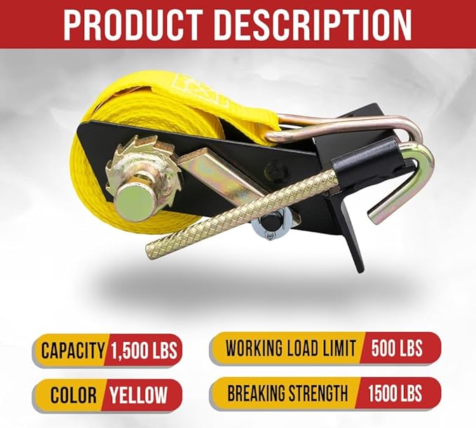 Mytee Products 4 Pack 1-1/2"x7' Yellow Ladder Rack Ratchet Straps with J-Hook (Pair) - 500 lbs Square Tube Mount - Retractable Ratchet Tie Down Strap for Roof Rack