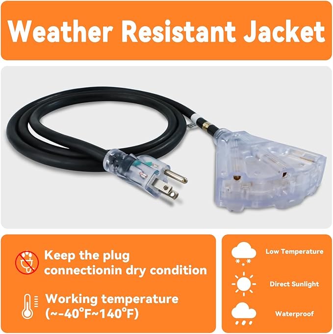 EP 40 Ft 12 Gauge Heavy Duty Extension Cord, 15A 125V 1875W, 3 Outlet Indoor/Outdoor Power Cord with Lighted End, 12/3 SJTW Weatherproof Black