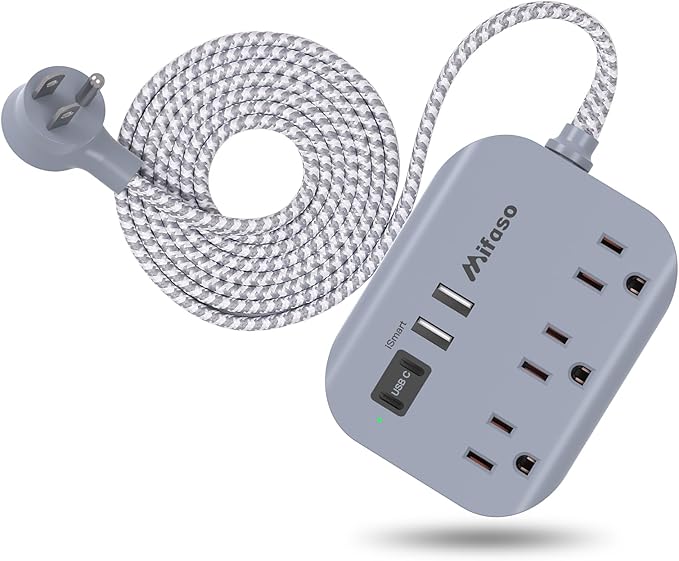 Cruise Ship Essentials - 3Ft Flat Extension Cord with Multiple Outlets, Power Strip USB Charging Station with Non Surge Protector for Cruise Ship, Travel, Dorm Room Essentials, Grey