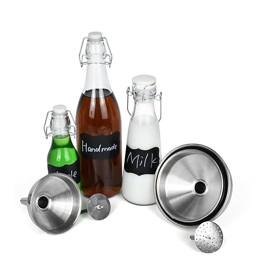 Artcome 3 Pcs Stainless Steel Kitchen Funnel Set, Food Grade 3-in-1 Metal Funnel, Ideal for Transferring of Liquid, Sauce, Jam, Particles & Powder - Dispensing Funnels with Strainers - Dish-Wash Safe