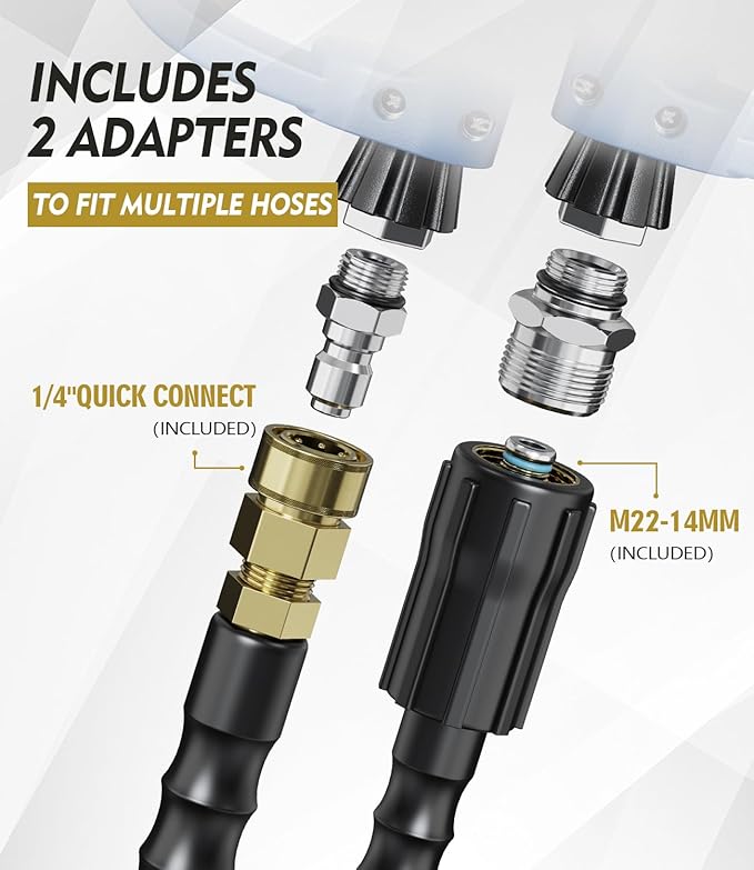 Pressure Washer Gun and Hose Kit, 4800PSI Flexible & Kink-Resistant - Steel Braided & Durable High Power Washer Hose 50 FT with 3/8" Swivel Quick Connector and M22 14mm Adapters & 5 Nozzles