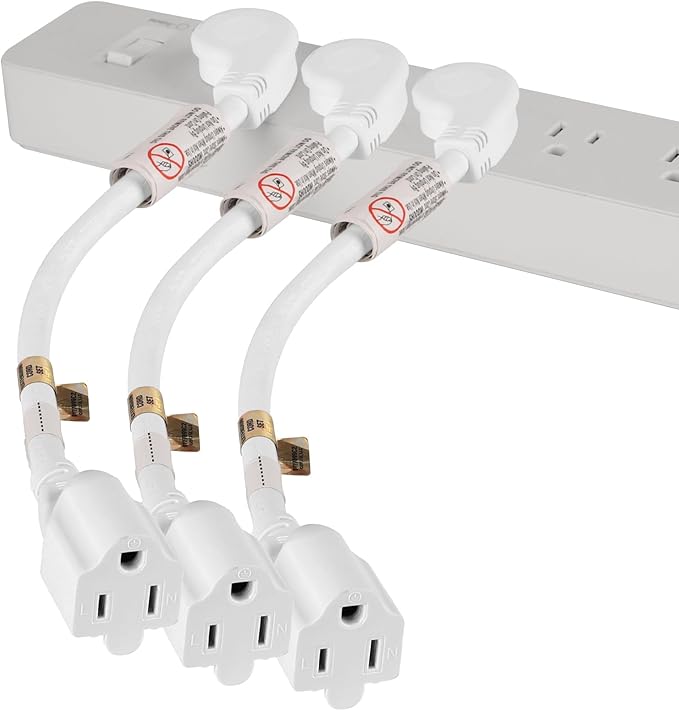 VSEER 1Feet 1625W 13A UL SJT 16AWG Flat Plug Heavy Duty Extension Cord Outlet Saver 3-Prong Grounded Short 90 Degree Angle Adapter Power Extension Cord,UL Listed (White, 2 Pack)