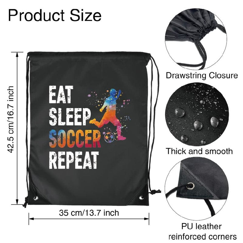Pishovi Eat Sleep Soccer Repeat Drawstring Waterproof Backpack, Soccer Sports Bag for Man Women, Soccer Player Gifts, Soccer Gift for Soccer Lover Soccer Fan, Soccer Lover Gift Idea (A)