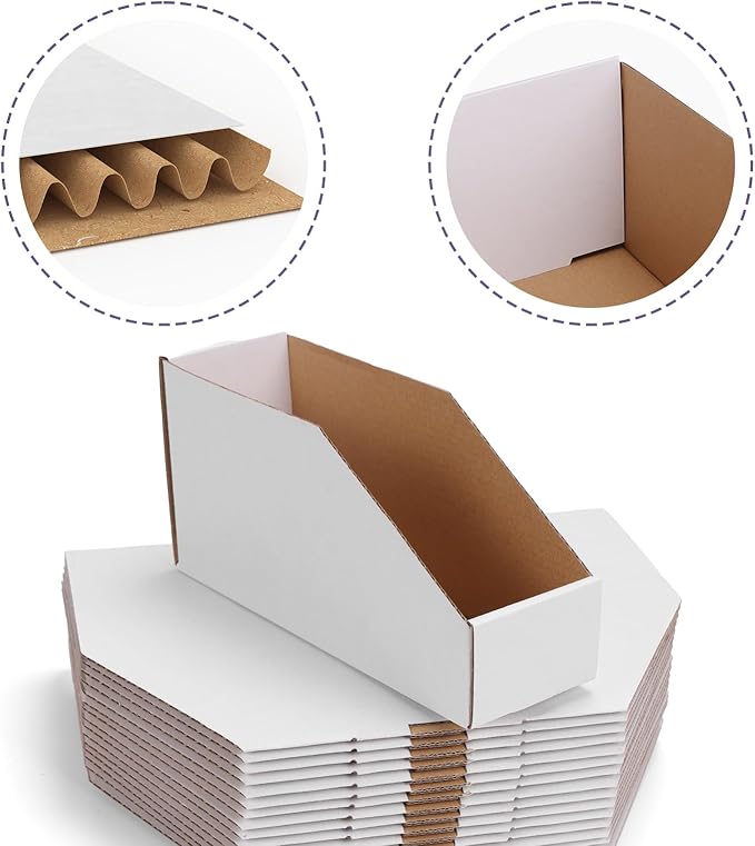 EXYGLO Cardboard Storage Bins 35 Pack, 9.4x3x4.5 Inch Cardboard Boxes, Corrugated Organizer Bins for Pantry, Shelves, Garage, Office, Shop, White