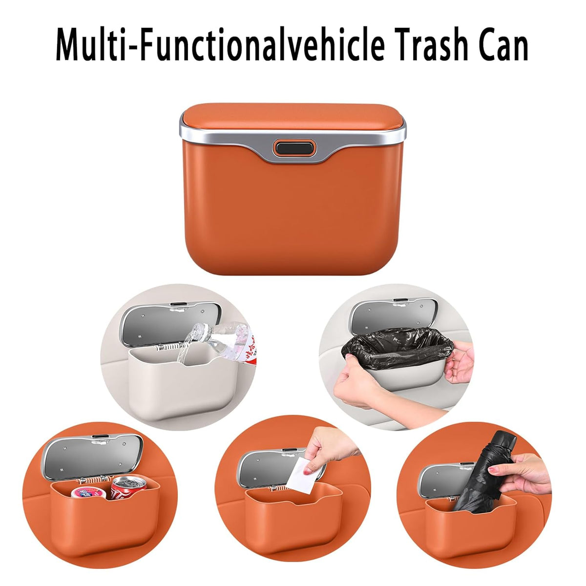 Car Trash Can with Lid - 2-in-1 Leather Top Car Garbage Can & Storage Box | Leakproof, Waterproof Hanging Auto Trash Bin for Back of Seat, Door, SUVs, Trucks, Sedans Orange