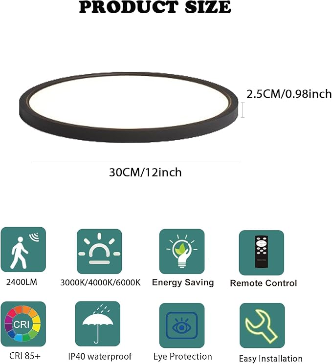 12 Inch Motion Sensor Ceiling Light Indoor Wired, Motion Activated Flush Mount Light Fixture, Motion Sensor Light Indoor for Closet Hallway Porch Laundry Garage Basement, 3000k/4000k/6000k Black