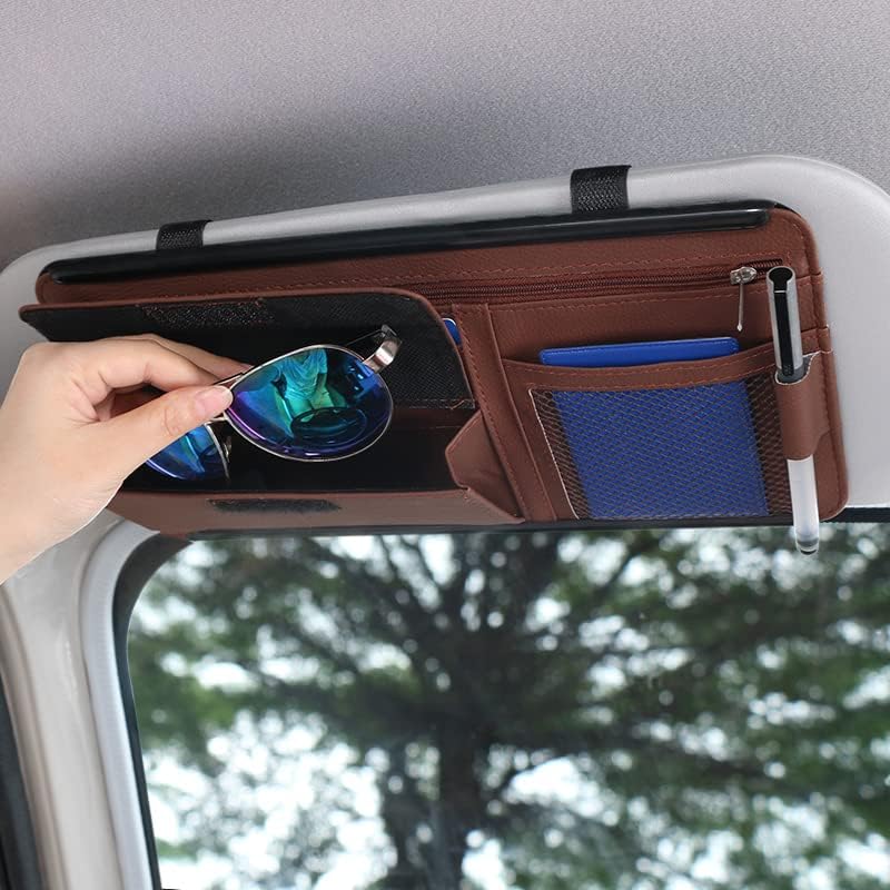 JEYODA Sun Visor Organizer Auto Interior Accessories Storage Pocket With Multi-Pocket Net Zippers (Style 2-Brown)