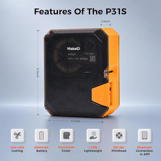 Makeid P31S Portable Industrial Label Printer, Mobile/PC Software. Comes
