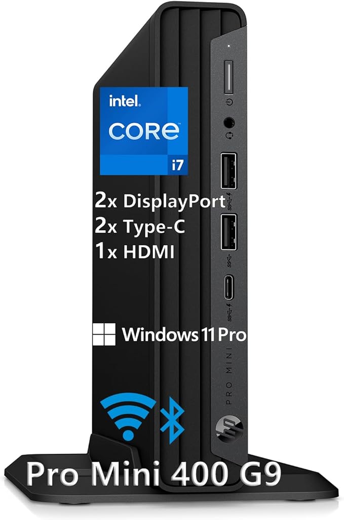 HP Mini Desktop PC Computer for Office Work, Data Processing, Accounting, Video Editing, Intel i7-12700T (16GB RAM, 512GB SSD), 3X 4K Output, Wired Keyboard & Mouse & Stand Included, Windows 11 Pro